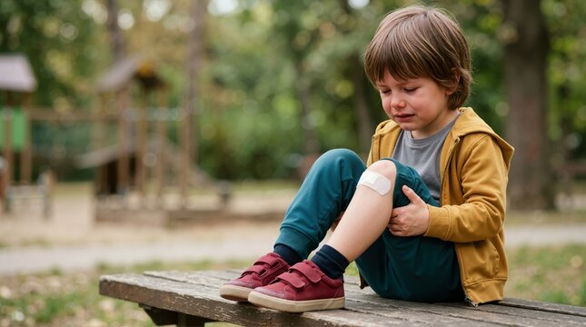 Upset boy crying while holding bandaged knee on wooden park bench. Child with adhesive bandage after playground injury