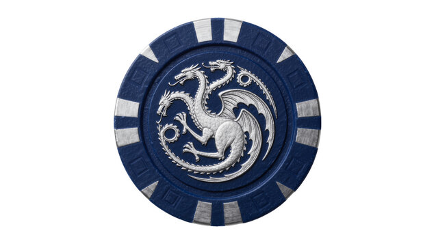 Blue poker chip with silver three-headed dragon emblem, isolated on transparent background