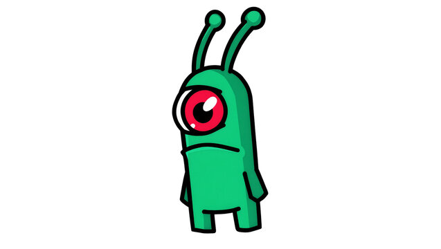 Green cartoon cyclops alien with antennae, isolated on transparent background