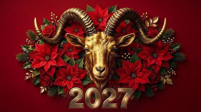 Celebrating the arrival of the new year with a majestic golden goat head amidst vibrant red poinsettia flowers and festive decorations
