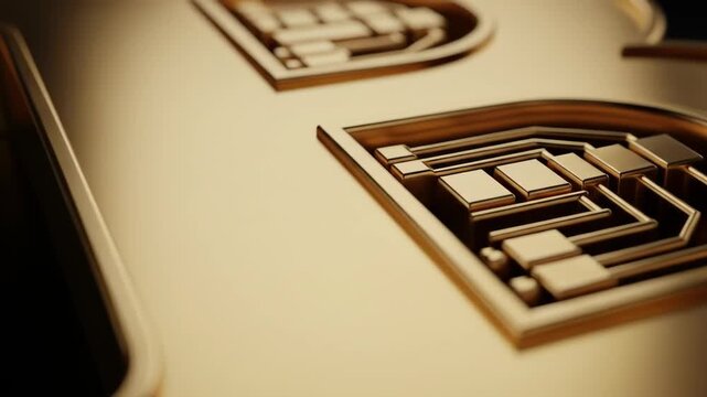 Golden bitcoin symbol in closeup, revealing circuit-like details. Cryptocurrency and blockchain technology concept