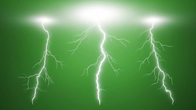 Electric lightning bolts flash repeatedly against a green backdrop. Animated thunderstorm effect for weather, energy, and cinematic transitions