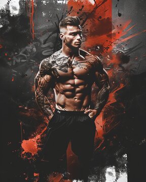Tattooed muscular man with defined abs and intense gaze stands against a dynamic abstract with red and black splatters