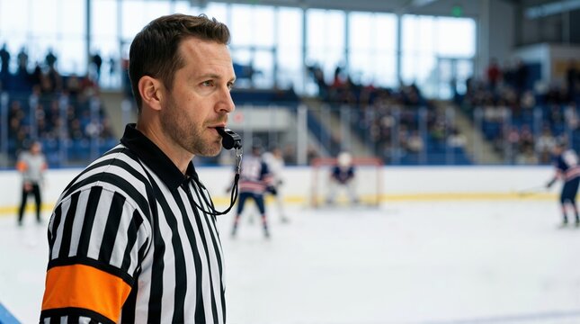 Ice hockey referee with a whistle in mouth on the rink. Match official supervising a game with players and goal net in blurred background