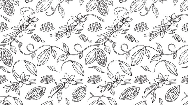 Hand Drawn Cocoa Bean and Vanilla Flower Seamless Pattern Vector Illustration