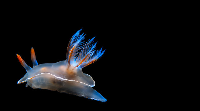 Vibrant sea slug with feathery cerata displays delicate blue and orange appendages against a stark black background in a captivating underwater macro shot.