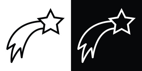 Falling shooting star comet icon with light trail, black and white vector line graphic for christmas star and celestial themes.    © bibin