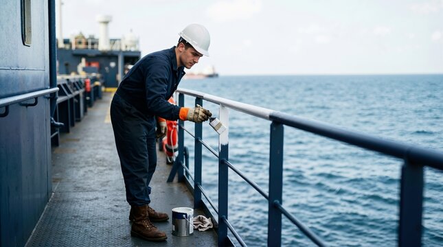 Sailor painting ship railing with white paint on deck at sea. Maritime maintenance and vessel deckhand work concept