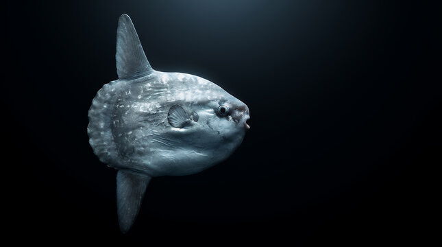 A solitary ocean sunfish, also known as Mola mola, drifting in dark blue water, its unique flattened body and fins clearly visible.