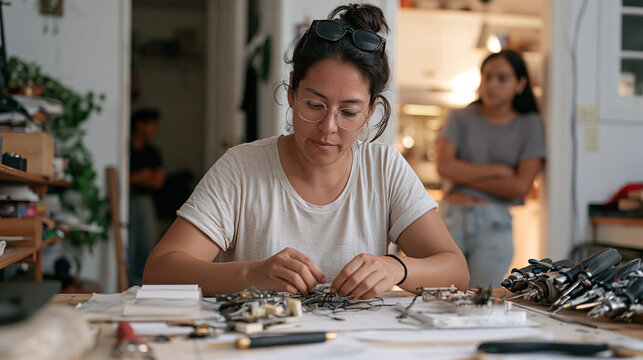 A modest home workshop where a middle aged drone operator sorts components by category across a cluttered table, specialized hand tools arranged beside her, while a teenage