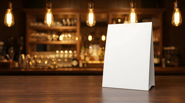Blank Standing Menu Table Tent Card on Wooden Bar Counter | Table Top Blank Menu Card Mockup in Cozy Warm Lighting Bar | Modern Blank Paper Menu Card Stand in Bokeh Restaurant Interior