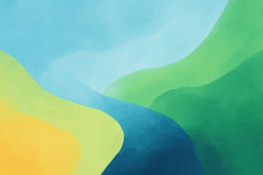 An abstract painting with a blue green yellow and white colors. the painting is a variety of shapes and colors creating a and eyecatching composition.