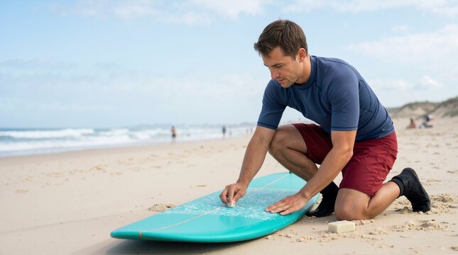 Surfer applying wax to surfboard on sandy beach. Athlete preparing surf board for riding ocean waves. Water sports and seaside leisure concept