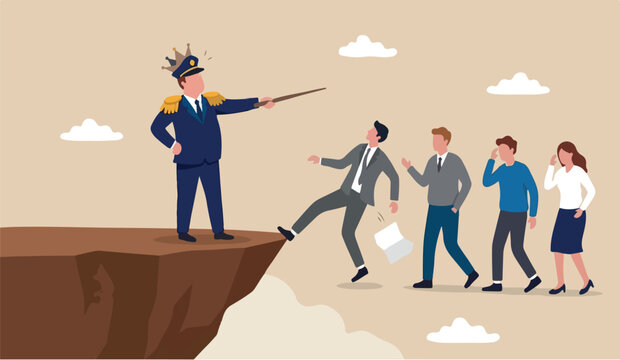 Wrong direction authoritarian boss stupidity or mistake lead company and employees to sabotage or bad problem concept, stupid boss manager pointing order employees to jump off cliff