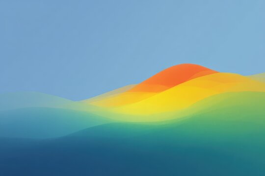 A colorful mountain landscape with a blue sky in the background. the mountain is a variety of colors including red orange yellow green blue and purple.