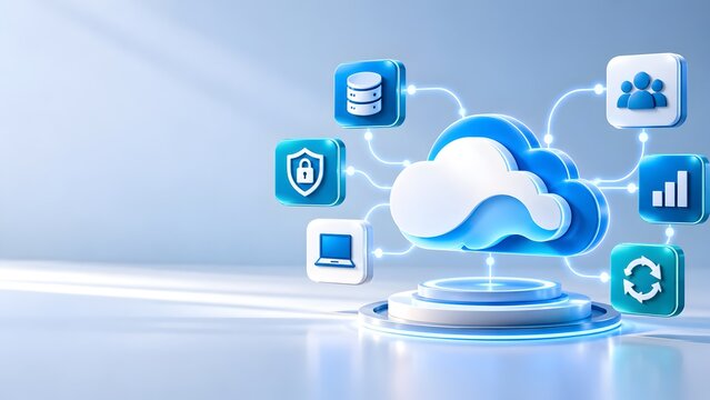 Cloud computing network concept with digital platform and connected data icons for secure information storage and server synchronization