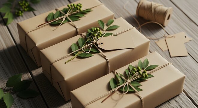 Elegant Eco-Friendly Gift Wrapping featuring three brown kraft paper parcels decorated with fresh green foliage and twine on a wooden background, ideal for sustainable lifestyle blogs.