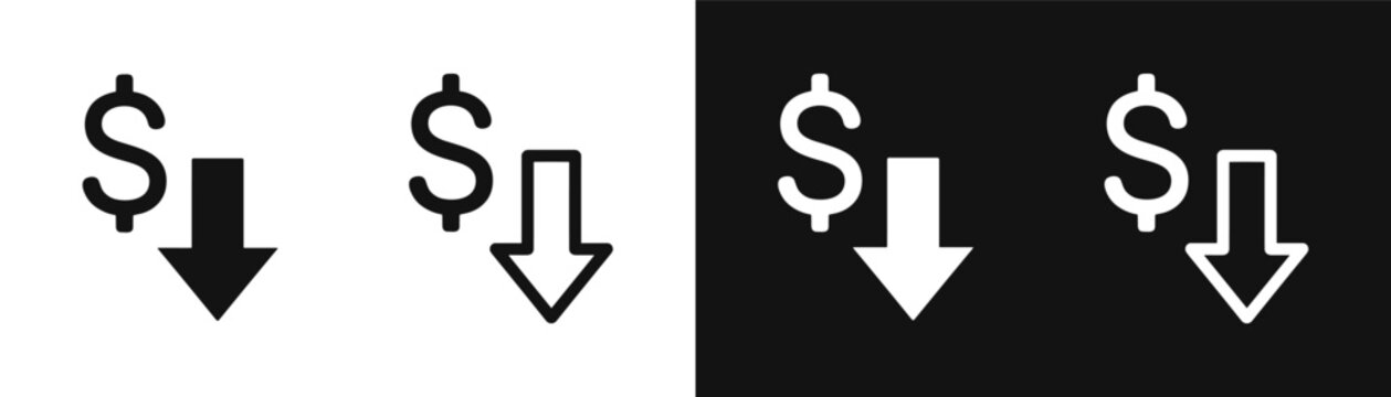 Dollar sign with downward arrow icon set for financial loss