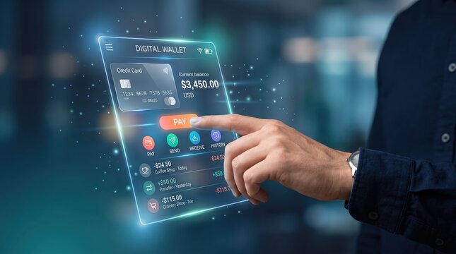 Hand interacting with futuristic transparent holographic digital wallet interface showing balance and payment options, representing fintech innovation, mobile banking and