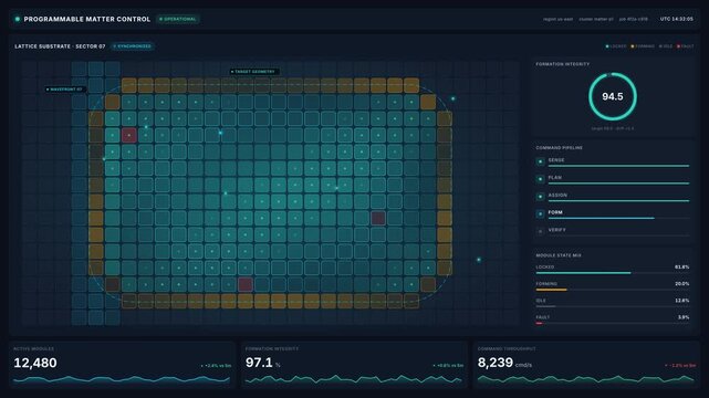Programmable matter control panel animating glowing lattice grid modules, integrity gauge command pipeline, for automation, precision engineering in 4k