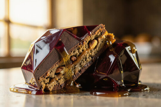 x-default Artisanal faceted mirror glaze chocolate bonbon with dripping caramel