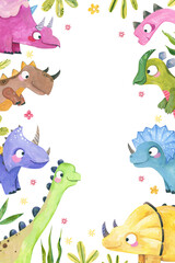 Watercolor cute colorful dinosaurs frame border template for kids card © Ilona