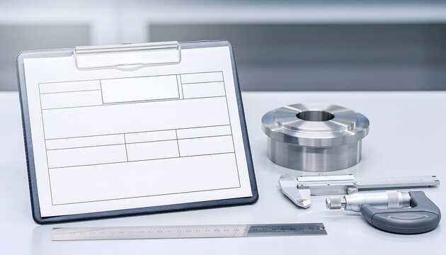 Industrial inspection sheet on clipboard beside metal component for quality control and manufacturing.