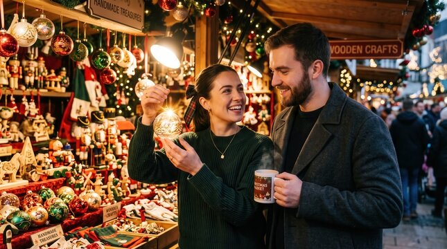 Happy young couple holding glowing ornament at a festive Christmas market stall, capturing romantic holiday magic and seasonal warmth for winter tourism promotion and marketing.