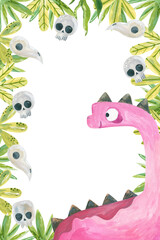 Watercolor cute pink long neck dinosaur with skulls and tropical leaves frame border template © Ilona