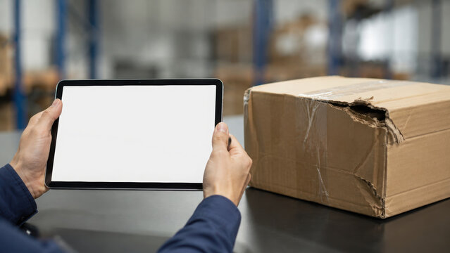 Damaged package inspection with blank tablet beside torn cardboard box on warehouse conveyor belt