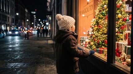 Obraz premium Little boy in winter coat gazing at magical toy shop window at night, capturing Christmas wonder and childhood nostalgia for seasonal retail marketing and holiday advertising campaigns.