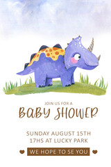 Watercolor cute purple triceratops dinosaur baby shower invitation template card © Ilona