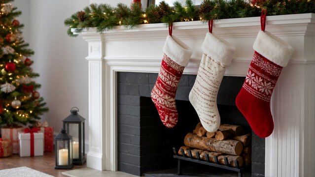 Knitted Christmas stockings hanging on white fireplace mantel with lit garland, candles, and tree