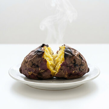 Roasted sweet potato with caramelized filling on white plate for