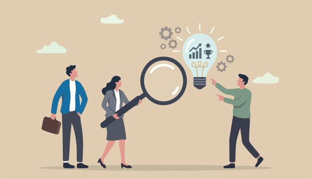 Business insights intelligence information for competitive advantage and win competition, discover business solution concept, business people team looking lightbulb floating from magnifying glass