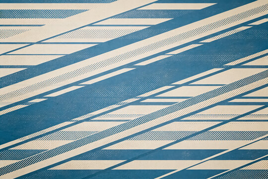 A retro abstract graphic pattern featuring intersecting blue and beige diagonal lines with halftone details, suitable for backgrounds or designs.