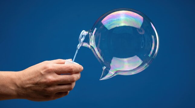 Communication fragility concept with a hand holding a transparent speech bubble soap speech bubble, featuring iridescent color and copy space
