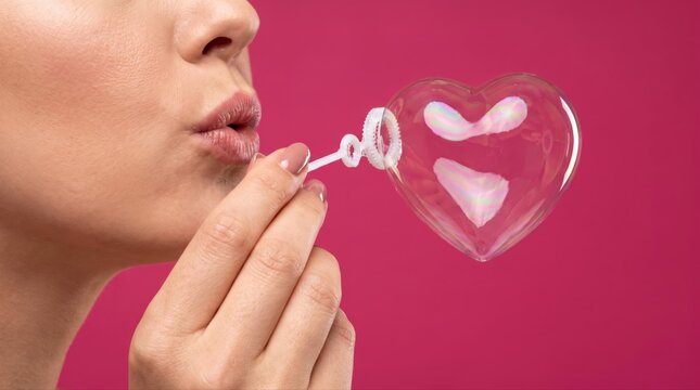 Romantic communication concept with a woman blowing a heart shaped soap bubble on a pink background, expressing affection and joy