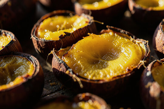 x-default Roasted Sweet Chestnuts in Charred Cracked Shells with Warm Raking Sidelight