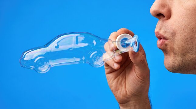 Fragile transportation concept with a man blowing a transparent car shaped soap bubble, representing vehicle insurance and mobility risk