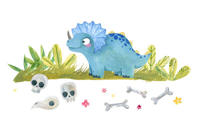 Cute watercolor blue triceratops dinosaur standing on green grass with prehistoric skulls, bones and flowers isolated on white background for children illustration and decor © Ilona