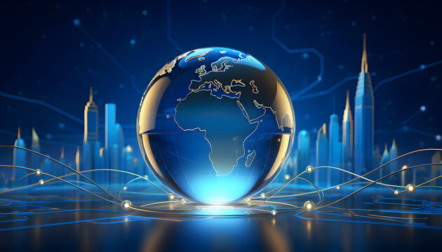Global business concept with a glowing glass globe and abstract connections representing worldwide trade.