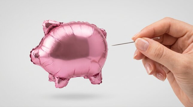 Debt risk concept with a needle approaching a pink piggy bank soap bubble, symbolizing fragile savings and financial pressure