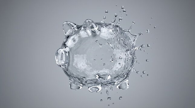 Economic risk concept with a transparent piggy bank breaking in water, symbolizing vulnerable savings and unexpected financial loss