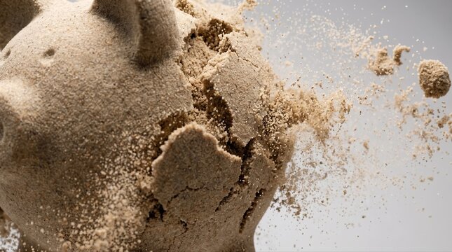 Financial collapse concept with a piggy bank made of sand crumbling apart, representing lost savings, instability, and money risk