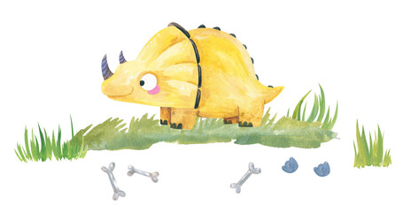 Watercolor cute yellow triceratops dinosaur on green grass patch with prehistoric bones hand drawn cute dino illustration isolated on white background © Ilona