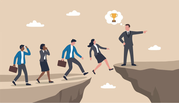 Wrong direction authoritarian stupidity mistake lead company and employees to sabotage or bad problem concept, stupid boss manager employees cliff