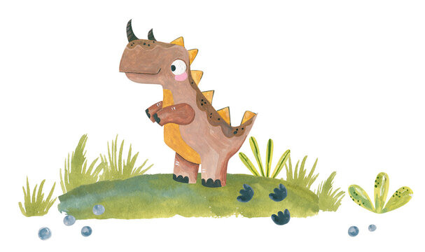 Watercolor cute brown dinosaur standing on green grass hill hand drawn cute dino character illustration isolated on white background