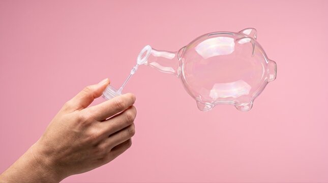 Savings bubble concept with a hand holding a shiny pink piggy bank shaped soap bubble, representing delicate personal finance