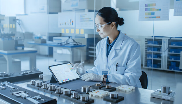Industrial quality testing with technician reviewing measurement results for precision manufacturing.